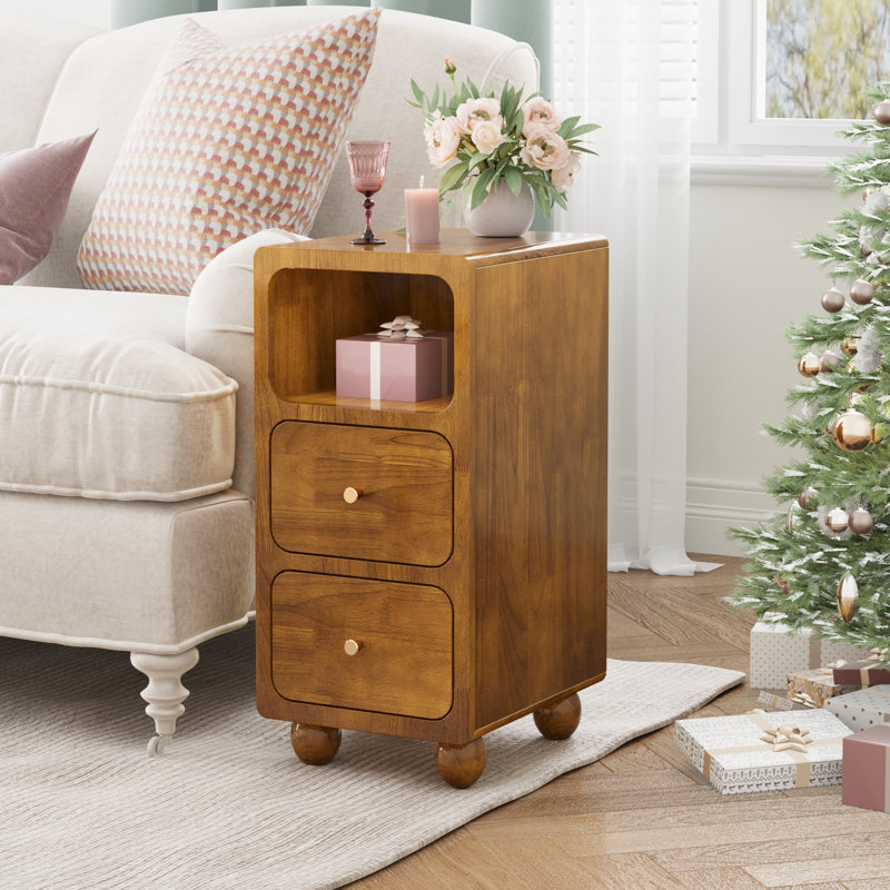 Table de chevet étroite, petite table d'appoint haute avec 2 tiroirs et tablette ouverte, table de chevet en bois de noyer massif, table de chevet moderne Mid-Century pour la chambre à coucher (12 po)