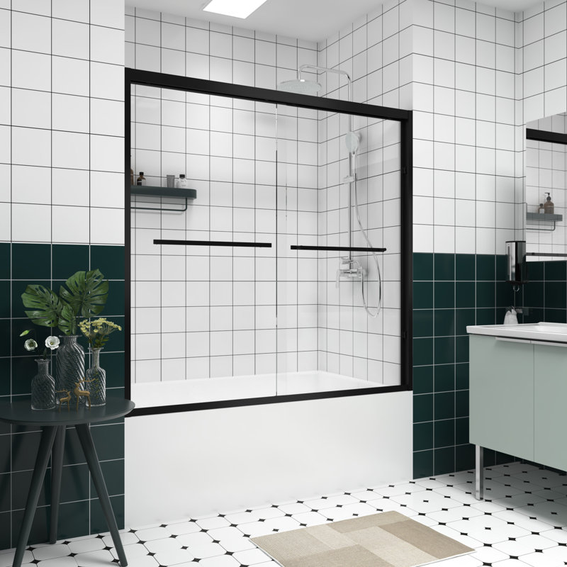 Cabine de douche double coulissante de 58 po de hauteur, verre transparent de 6 mm de 1/4 po, roulettes silencieuses, installation réversible, écran de baignoire à cadre en aluminium imperméable, poignée en acier inoxydable trempé, conception, configuration