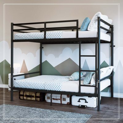 Lit superposé simple au-dessus de simple en métal robuste - charge maximale de 485 lb, structure en acier renforcé avec garde-corps de 14 po de hauteur, structure de lit robuste et peu encombrante pour enfants, adolescents, adultes, sans sommier tapissier, noir