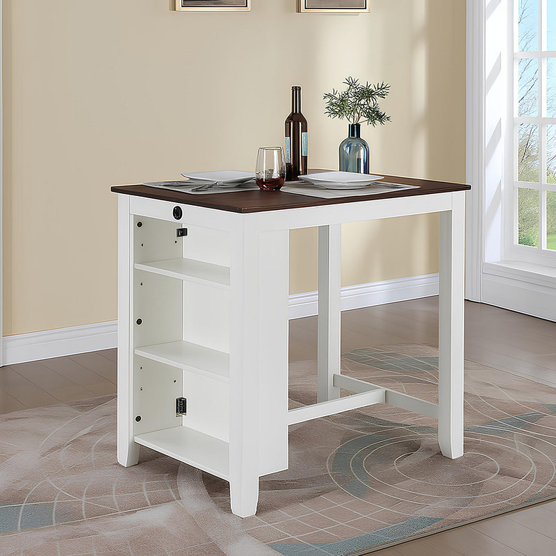 Petite table de salle à manger à hauteur de comptoir avec ports USB et tablettes, Brun, Blanc