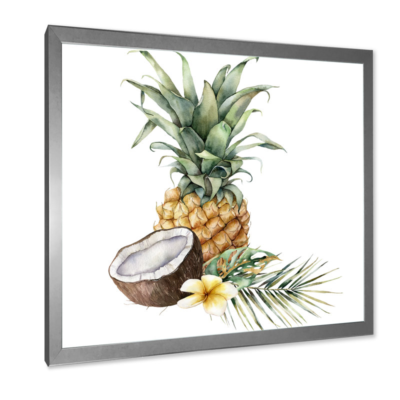 Ananas avec noix de coco, plumeria et feuilles de palmier - peinture sur toile à cadre flottant, H 16 po x l 16 po x P 1 po
