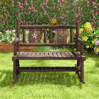 Outdoor Carbonized Wood Rocking Bench Double Rocking Chair For 2 Persons W/ Wide Curved Seat