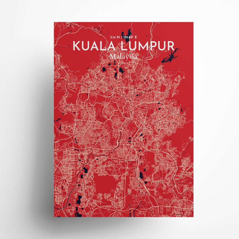 «Kuala Lumpur City Map», impression de luxe, Rouge / bleu marine, H 27,6 po x l 19,7 po