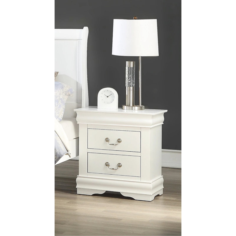 Table de chevet en bois massif, blanc, 2 tiroirs, style transitionnel, fabrication anglaise, poignées en laiton antique pour chambre à coucher 2
