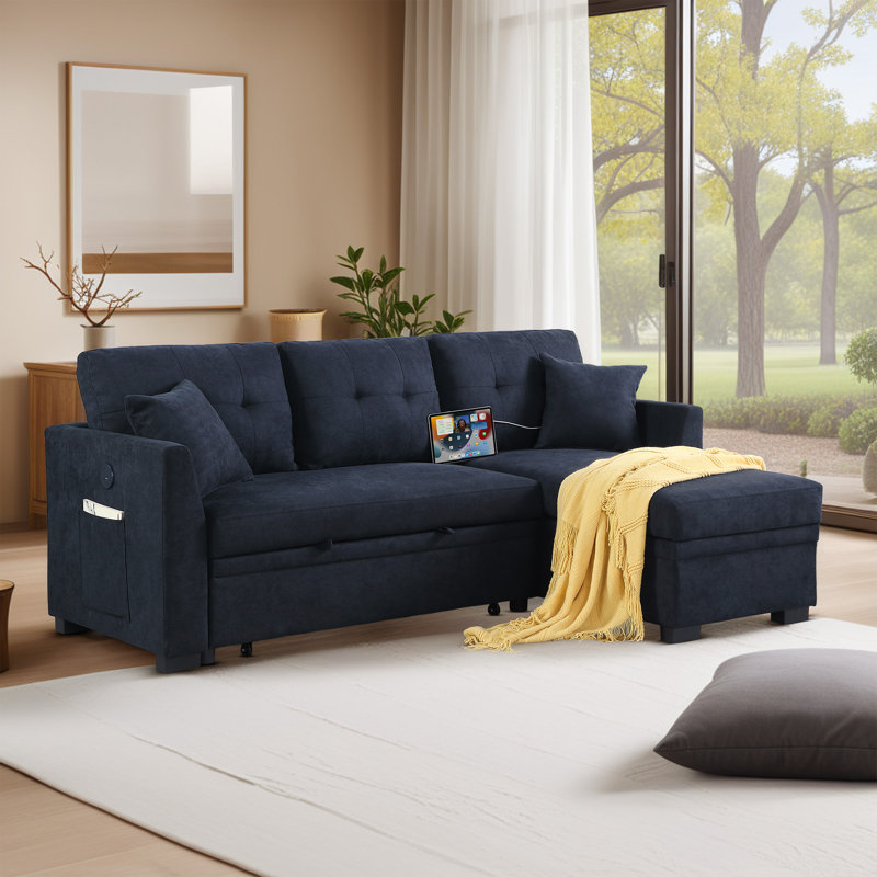 Clitheroe 81" Convertible L-Shaped Pull-out Sofa Bed, Sleeper Sectional Couch Build-in USB Port with Reversible Storage Chaise