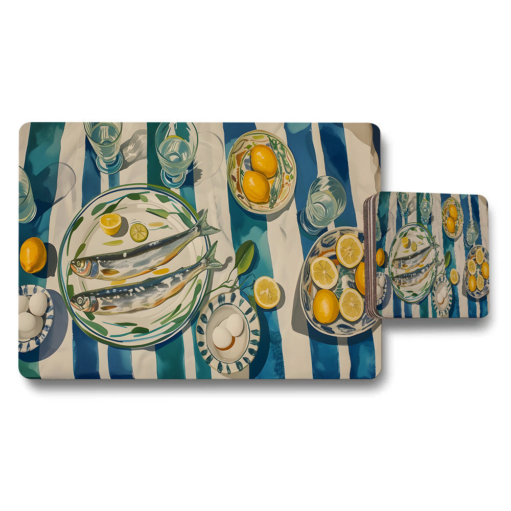 Seafood Tableware Placemat and Coaster Set With Fish and Lemons