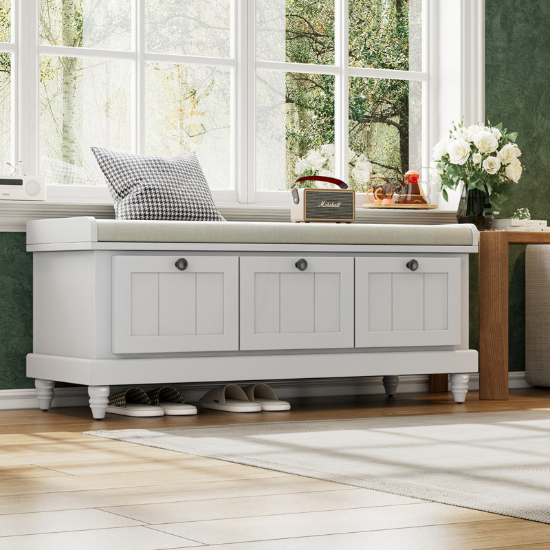 Banc à chaussures avec coussin et trois tiroirs, Gris clair