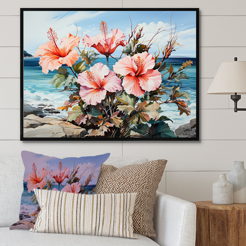 Hibiscus corail sur la plage, Cadre flottant noir, H 34 po x l 44 po x P 1,5 po