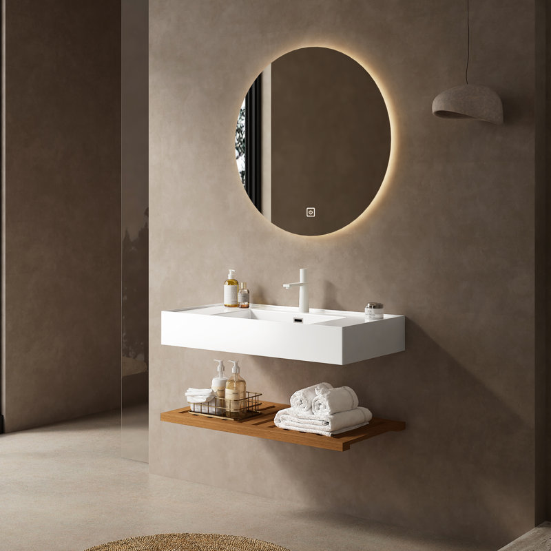 Meuble-lavabo de 36 po - lavabo vasque, lavabo en acrylique blanc, tablettes en noyer foncé, concept de rangement rectangulaire attrayant