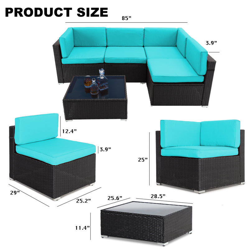 Ensemble de conversation modulaire en rotin 5 pièces avec coussins, Bleu