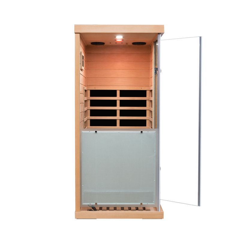 Grand petit sauna en pruche en verre avec ouverture à gauche