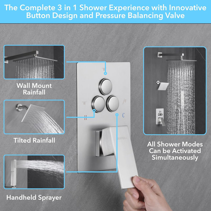 VANFOXLE Shower System With Push Button Diverter, 2-In-1 Handheld Shower Head, High Pressure Rainfall Shower, Anti-Scalding Valve, And Durable Wall Mount Design