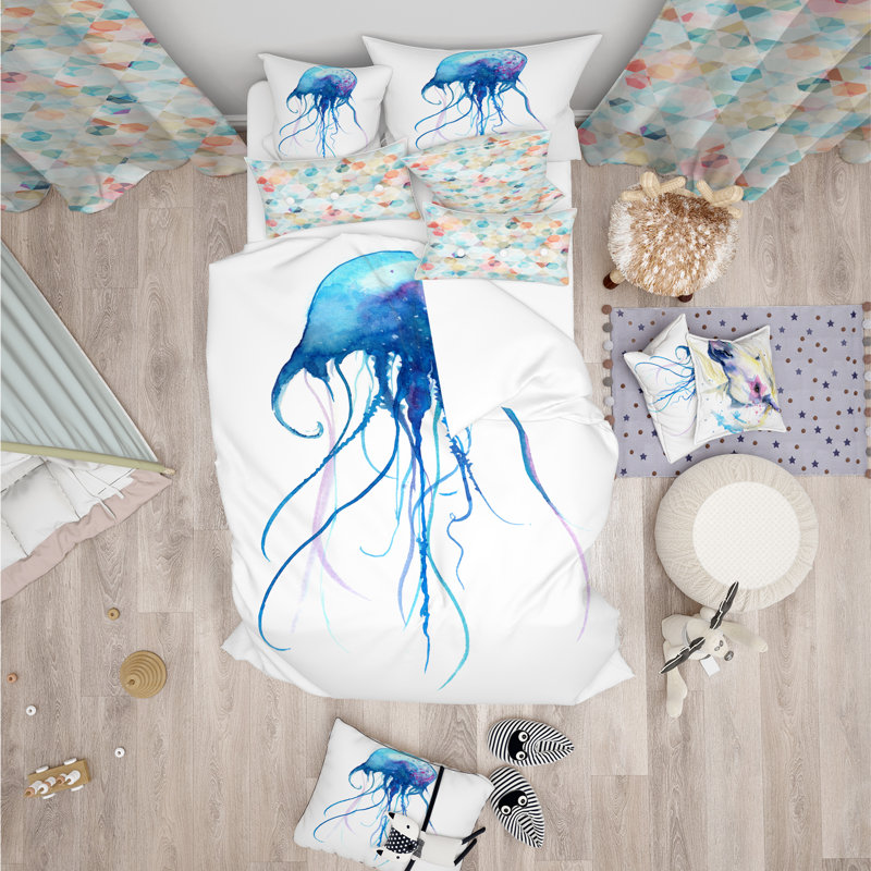 Twin White and Blue Jellyfish Microfiber Duvet Cover Set