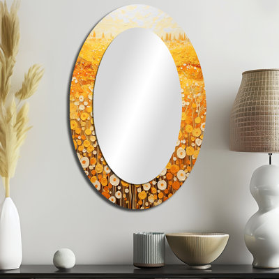 Golden Harvest Floral Field I - Miroir décoratif floral ovale sur métal