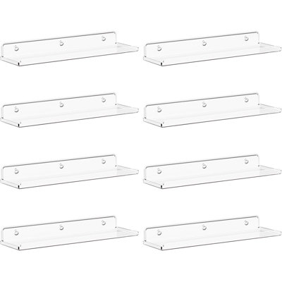 Acrylic Floating Shelves 8-Pack, 15-Inch Wall Mounted Shelves For Storage And Display, Sturdy And Space-Saving Shelving For Books, Vinyl Records, Photos In Living Room, Bedroom, Bathroom, Kitchen