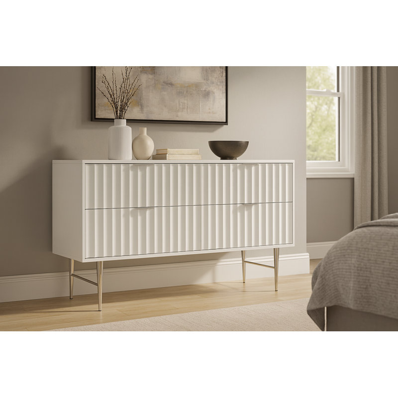 Commode double 4 tiroirs Jayvonni, Blanc / argenté