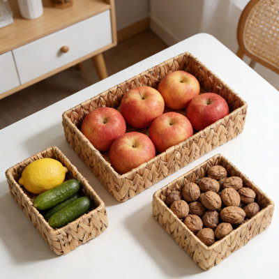 Natural Water Hyacinth Storage Basket Set Of 3, Rectangular Woven Organizer Bins For Shelves, Pantry, Bathroom, And Home Decor