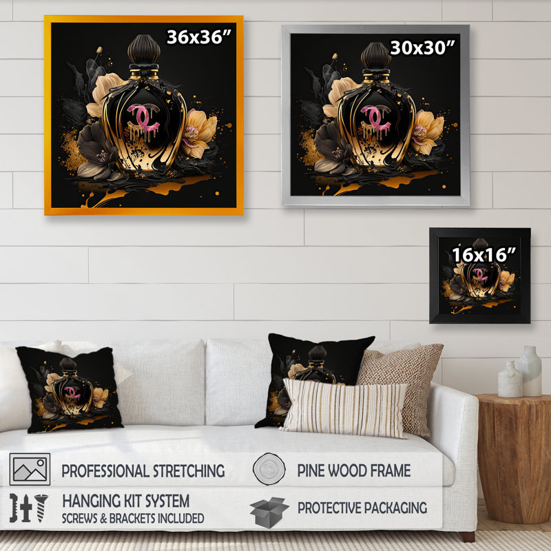 «Chic Black and Gold Perfume Bottle II», art sur toile tendance, H 36 po x l 36 po x P 1,5 po