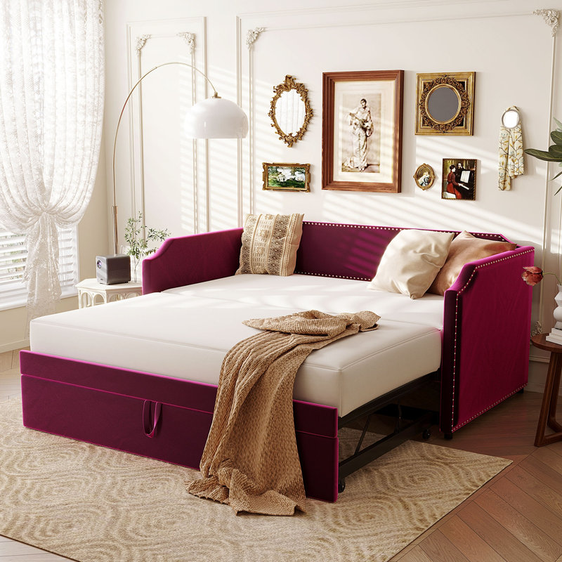 Twin Size Velvet Upholstered Daybed with Pop Up Trundle