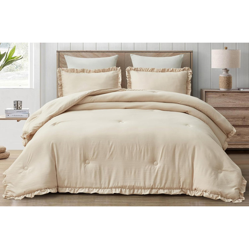 Nora Washed Microfiber Ruffled Comforter Set, Queen Comforter + 2 Standard Shams, Sand