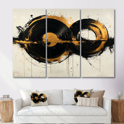 Abstract Circle In Black And Gold Tones I - Abstract Shapes Wall Art Set