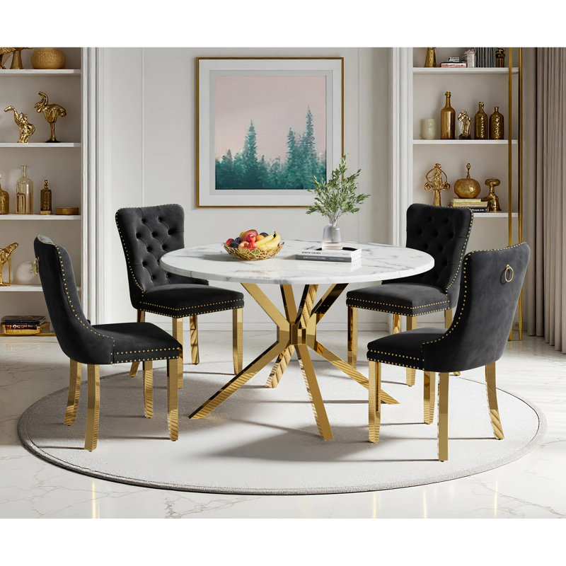 Round Dining Table Set, White Marble Dining Table & Velvet Dining Chairs with Stainless Steel Pedestal, 45" Dining Room Table and Chairs Set, Luxury Dining Table Set