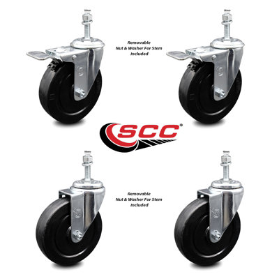 5 Inch SS Soft Rubber 10mm Threaded Stem Caster Set 2 Total Lock Brake SCC
