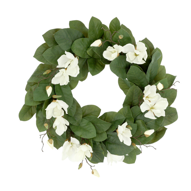 26" Magnolia Flowers And Leaves Arranged On A Wreath, White
