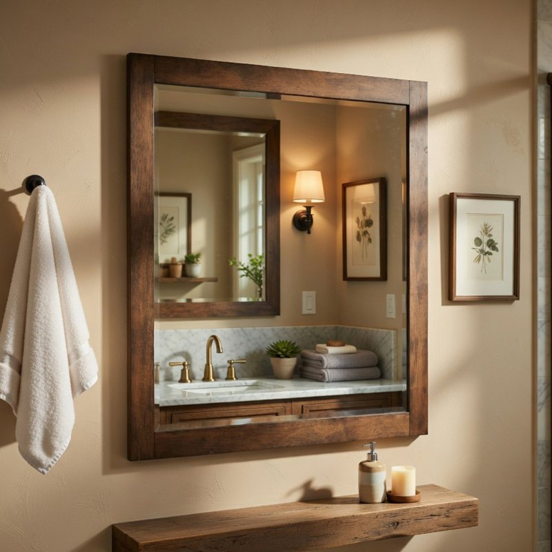 Miroir de coiffeuse Ema, cadre brun noyer foncé rustique, 40 x 40