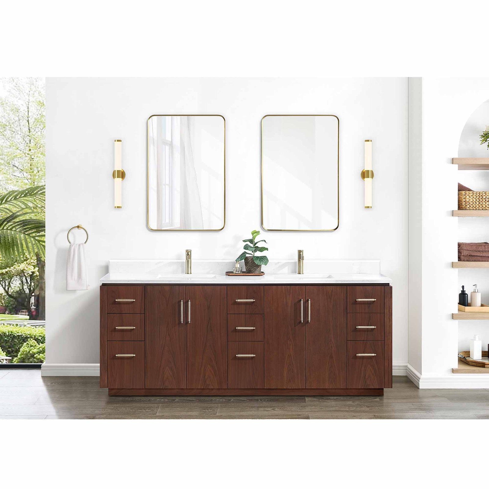 Cloverfield 84'' Double Bathroom Vanity, Natural Walnut, Gold