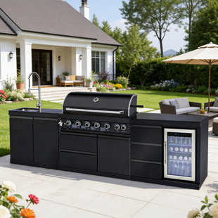 Îlot de cuisine extérieur Barbecue au gaz propane à 6 brûleurs de 114 po de couleur noire en acier inoxydable 304 83500 BTU avec certification CSA, ETL + évier + réfrigérateur