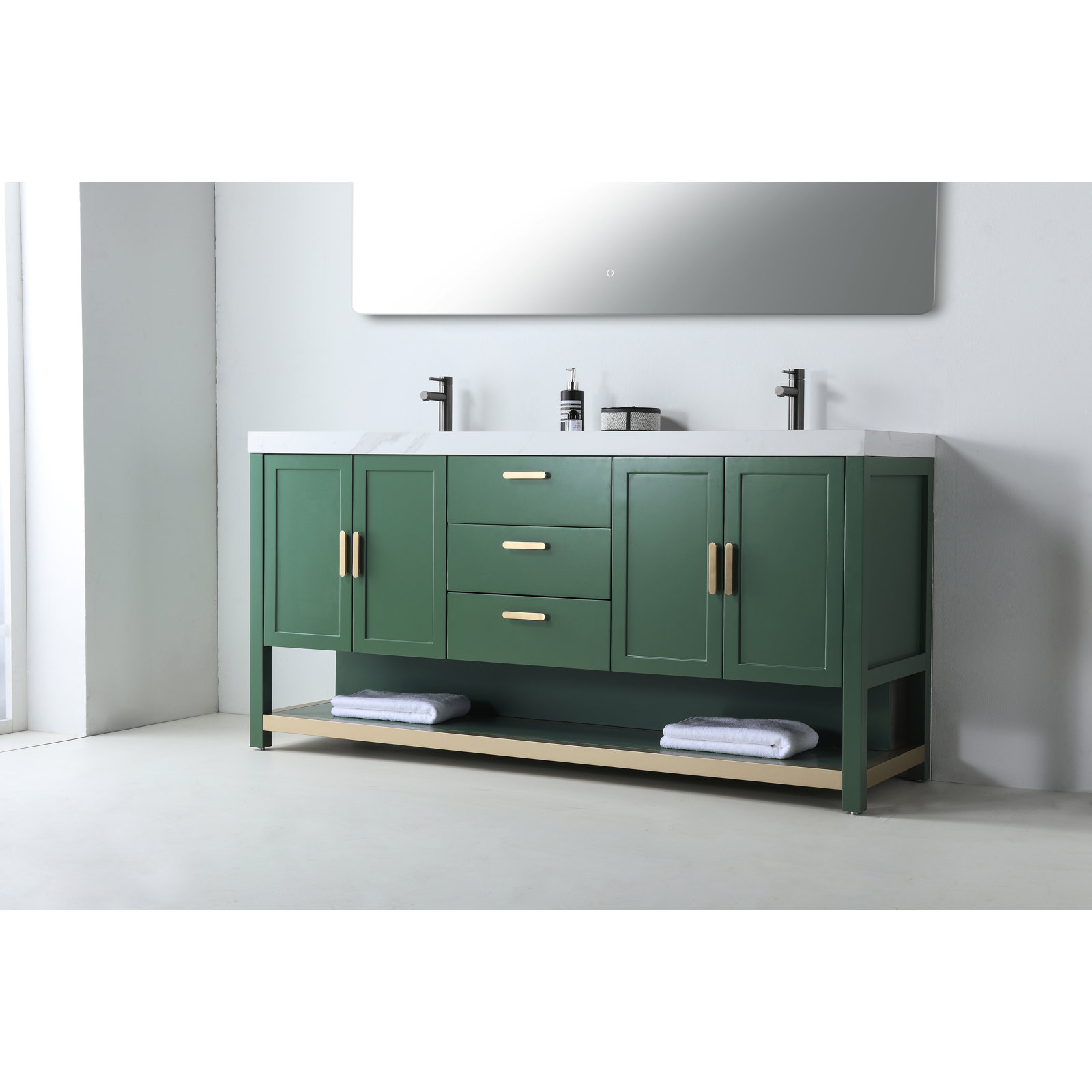 Winchester 72'' Natural Wood Veneer Plywood Bathroom Vanity with Engineered Quartz Top, Forest Green, White