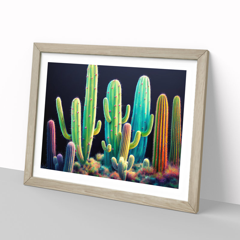 Colourful Cactus - Single Picture Frame Print, 46cm H x 64cm W x 2cm D, Oak