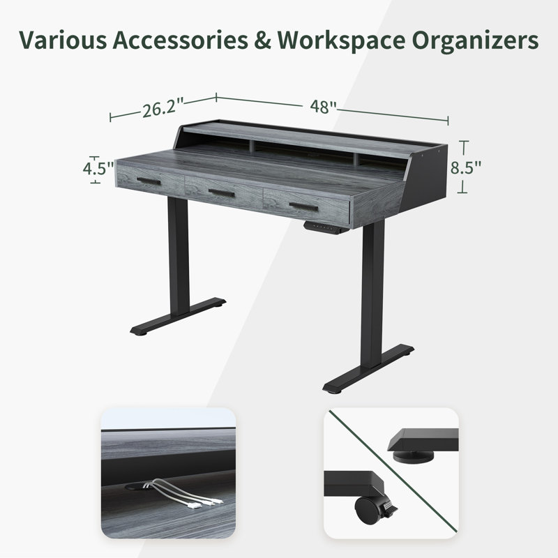 Bureau debout à hauteur ajustable électrique, Gris / Noir, L 48 po x P 26 po