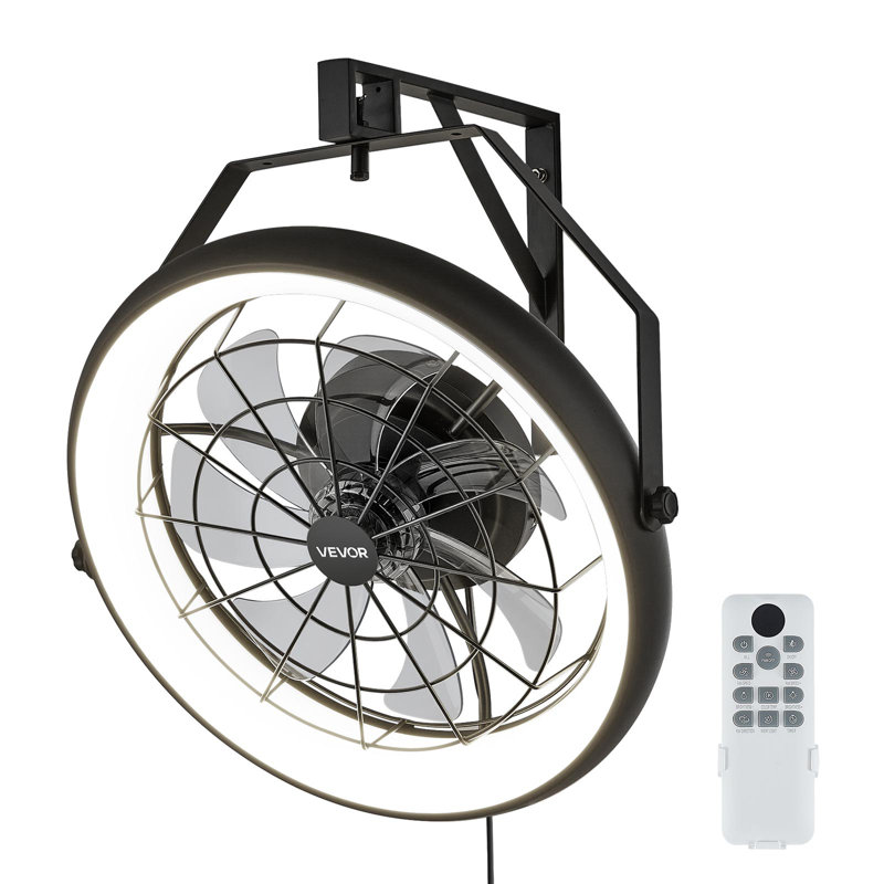 22 Inch Wall Mounted Fan with Light Remote 6 Speed for Patio Workshop