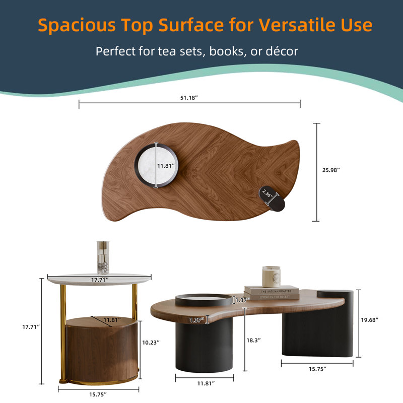 Walnut Coffee Table Set with Freeform Tabletop & White Stone Accent, Round Side Table with Gold Frame