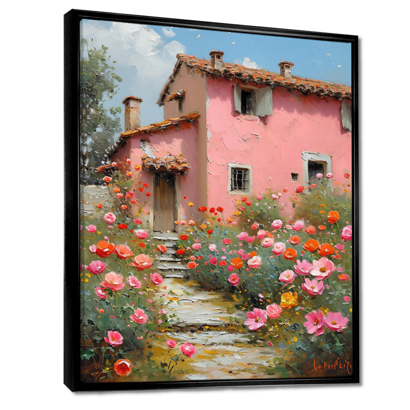 «Pink Country House», art mural campagne, Toile avec cadre flottant noir, H 20 po x l 12 po x P 1 po
