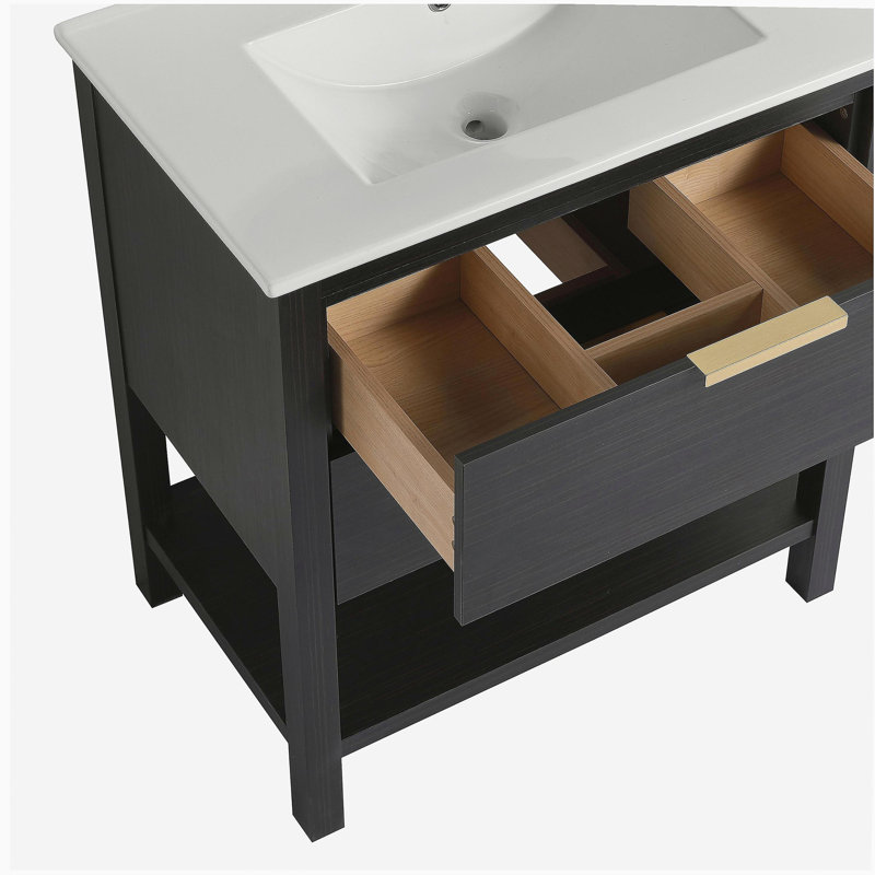 Plateau de meuble-lavabo 30 po avec lavabo et 2 tiroirs, poignées dorées