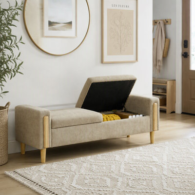 Banc de rangement rembourré avec couvercles doubles et accoudoirs