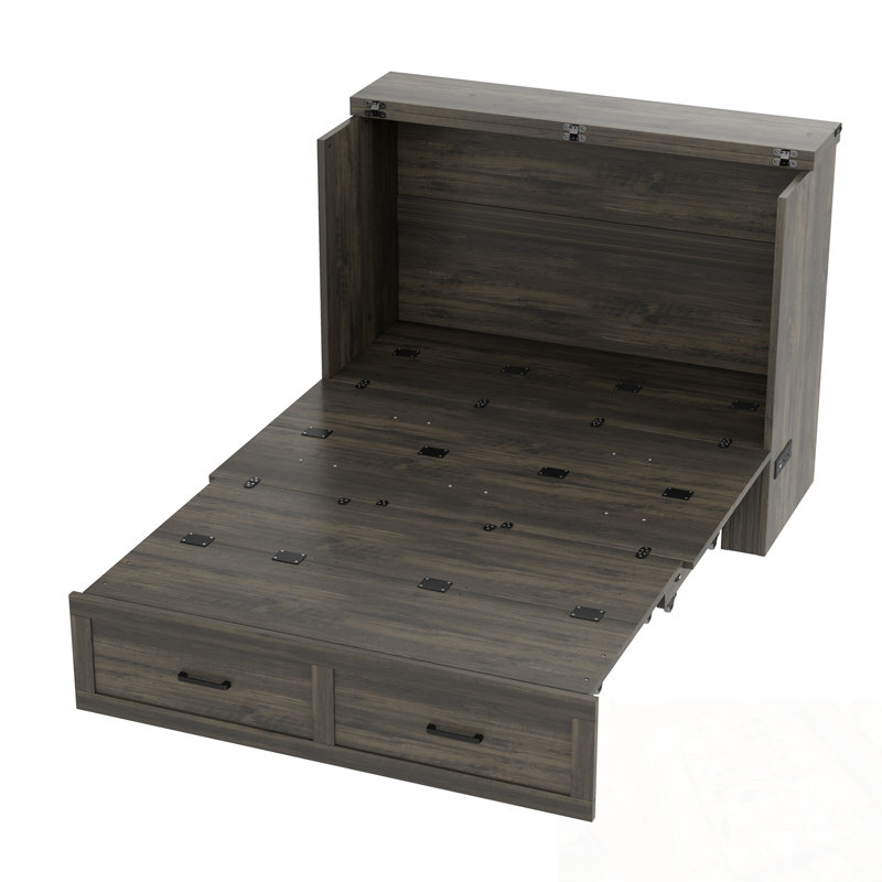 Lit escamotable double avec station de charge et grand tiroir de rangement, Gris, Lit double