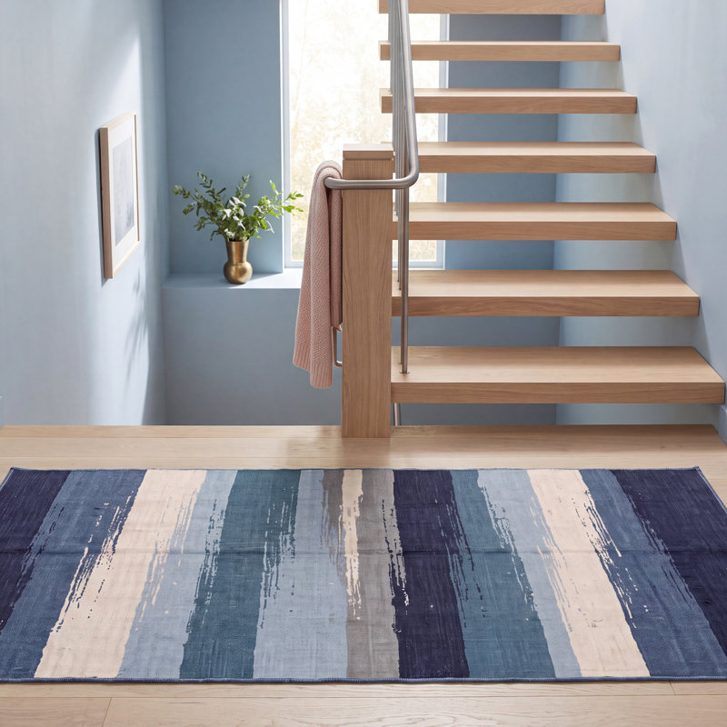 Tapis Juniper moderne à rayures effet pinceau, bleu marine, turquoise, gris, crème et rose, lavable à la machine, antidérapant, à poils courts, pour l'intérieur et l'extérieur, adapté aux animaux domestiques, idéal pour le salon, la chambre, la salle à manger, l'entrée, le couloir ou le bureau.