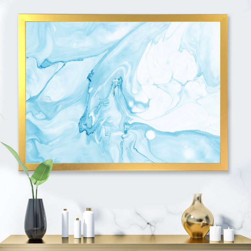 Art liquide en bleu clair et turquoise I - peinture sur toile, Cadre doré, H 31,5 po x l 41,5 po x P 1,5 po