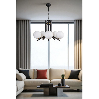 Lustre moderne élégant, hauteur réglable, structure en métal avec capuchon en verre, 11,8 po x 5,9 po | 5 x douilles E27 (40 W maximum) | Design élégant blanc et noir, parfait pour la salle à manger et les espaces de vie, classé IP20