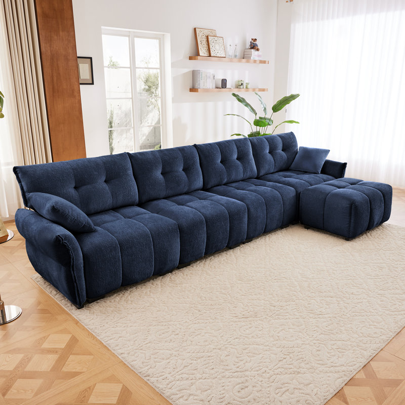 Canapé modulaire en chenille avec repose-pieds et coussins Krisslyn, Chenille bleu