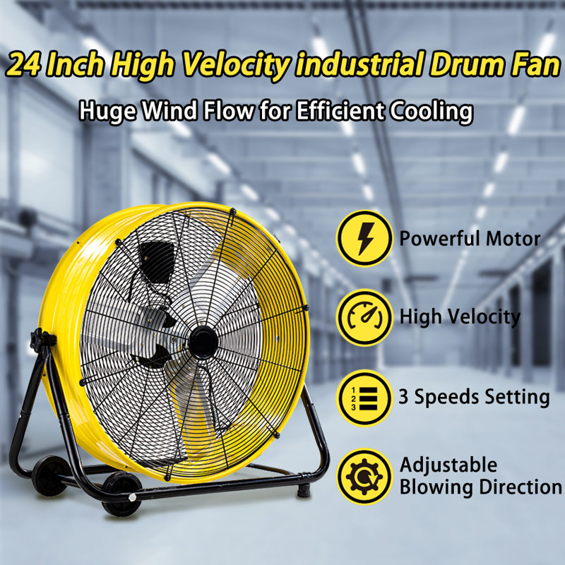 Ventilateur industriel à grande vitesse et à grande vitesse de circulation d'air à tambour à 3 vitesses de 8900 pi³ / min et 24 pouces pour entrepôt, atelier, usine, commercial, résidentiel et serre