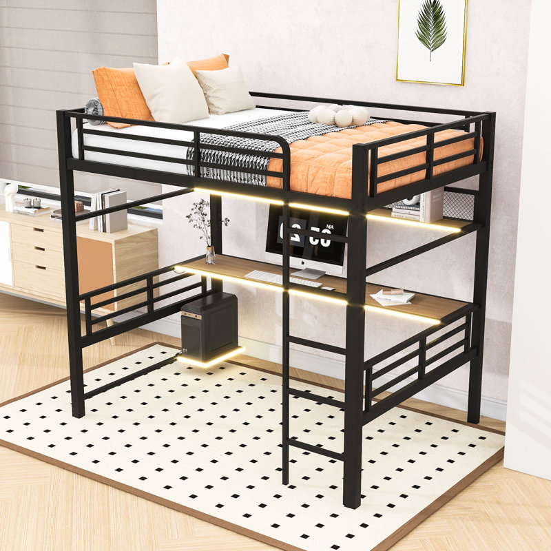 Lit mezzanine double en métal avec bureau, tablettes et lumière DEL