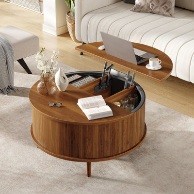 Table basse ronde à plateau relevable avec panneaux à rayures verticales, centre de rangement dissimulé multifonctionnel pour le salon, assemblage facile, brun