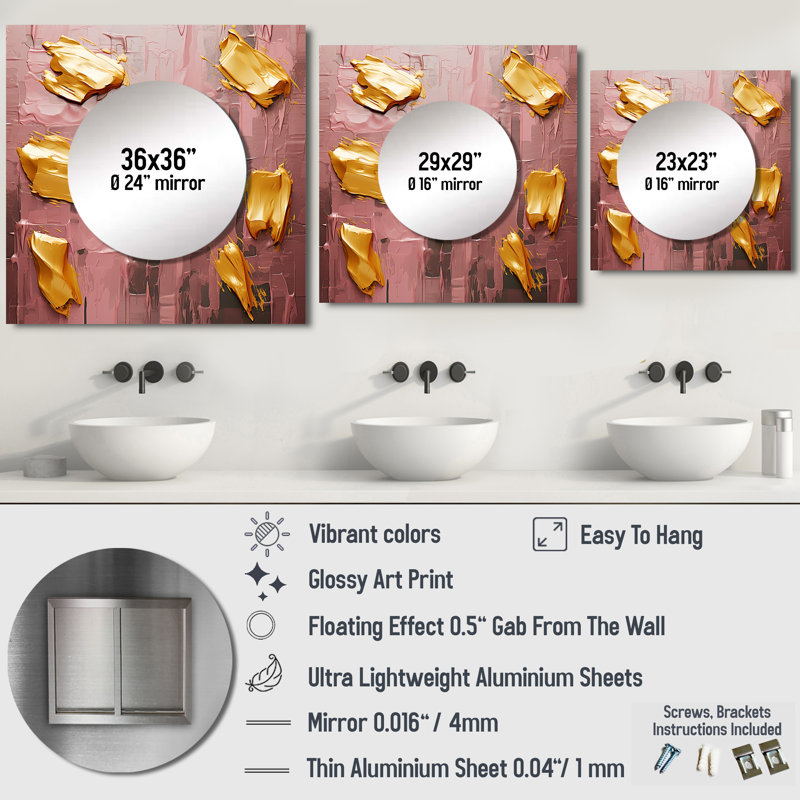 Celebrating Destiny Abstract Gold and Pink III - Miroir carré abstrait mural pour chambre à coucher, 29 po x 29 po