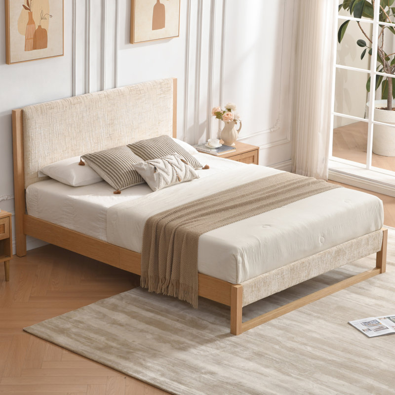Structure de lit en bois massif avec tête et pied de lit rembourrés en mélange de lin, Queen, Beige