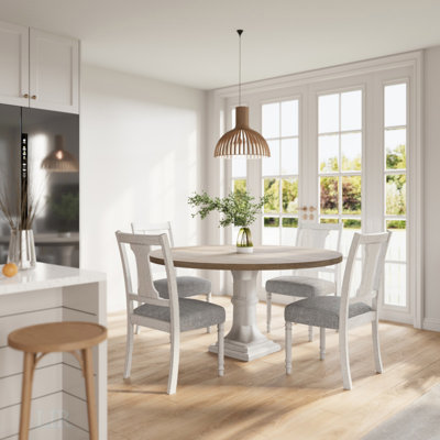 Taranto 59 Inch Round 5-Piece Dining Set With Gray Tabletop And White Pedestal Base, Perfect For Modern Family Gatherings